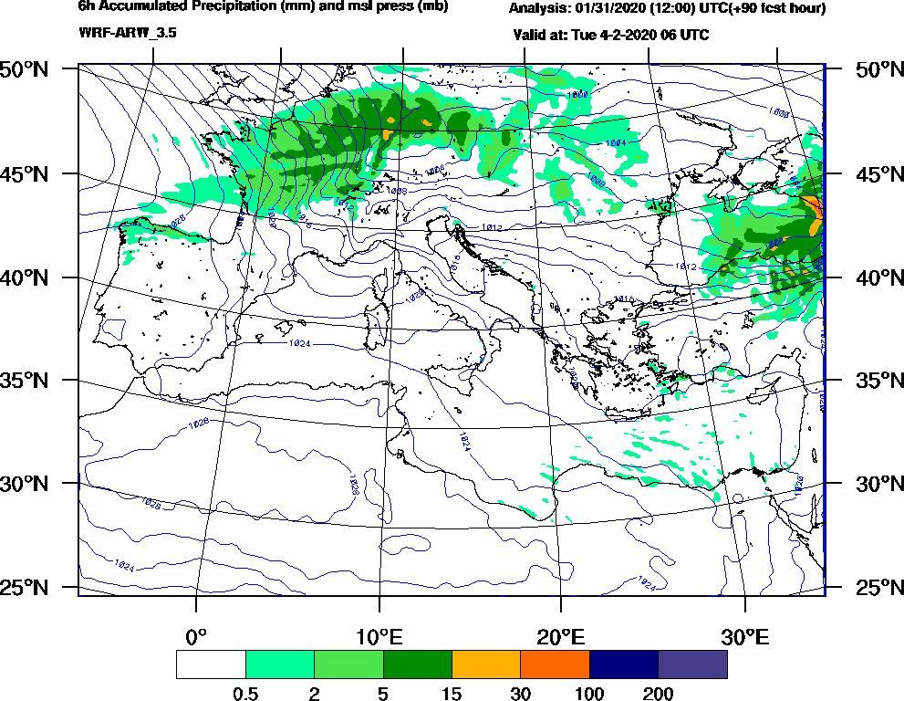 6h Accumulated Precipitation (mm) and msl press (mb) - 2020-02-04 00:00