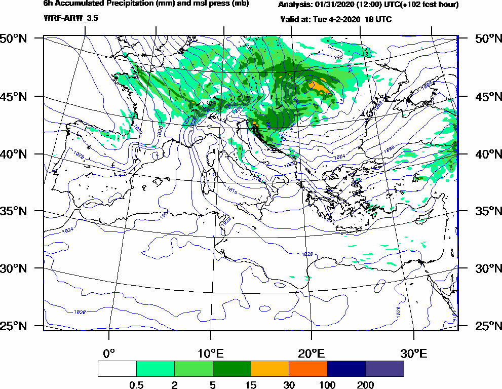6h Accumulated Precipitation (mm) and msl press (mb) - 2020-02-04 12:00