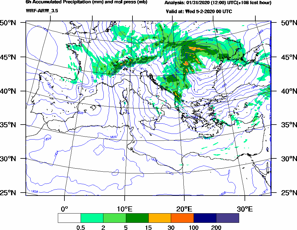 6h Accumulated Precipitation (mm) and msl press (mb) - 2020-02-04 18:00