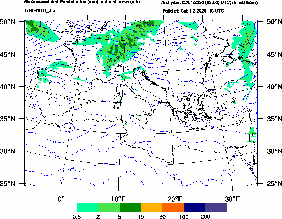6h Accumulated Precipitation (mm) and msl press (mb) - 2020-02-01 12:00