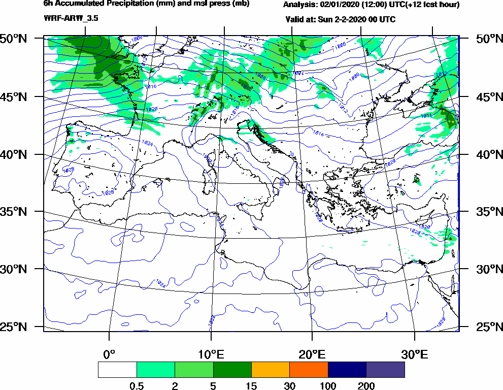 6h Accumulated Precipitation (mm) and msl press (mb) - 2020-02-01 18:00
