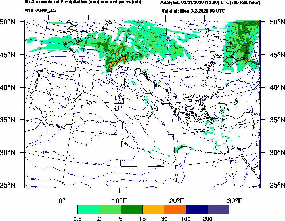 6h Accumulated Precipitation (mm) and msl press (mb) - 2020-02-02 18:00
