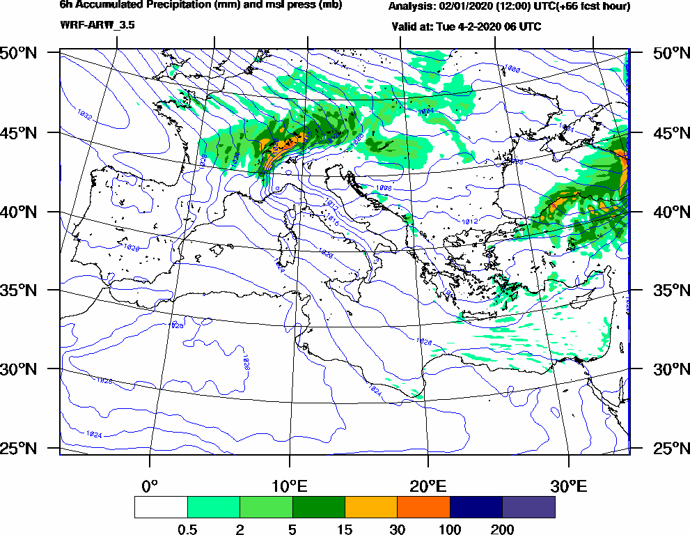 6h Accumulated Precipitation (mm) and msl press (mb) - 2020-02-04 00:00