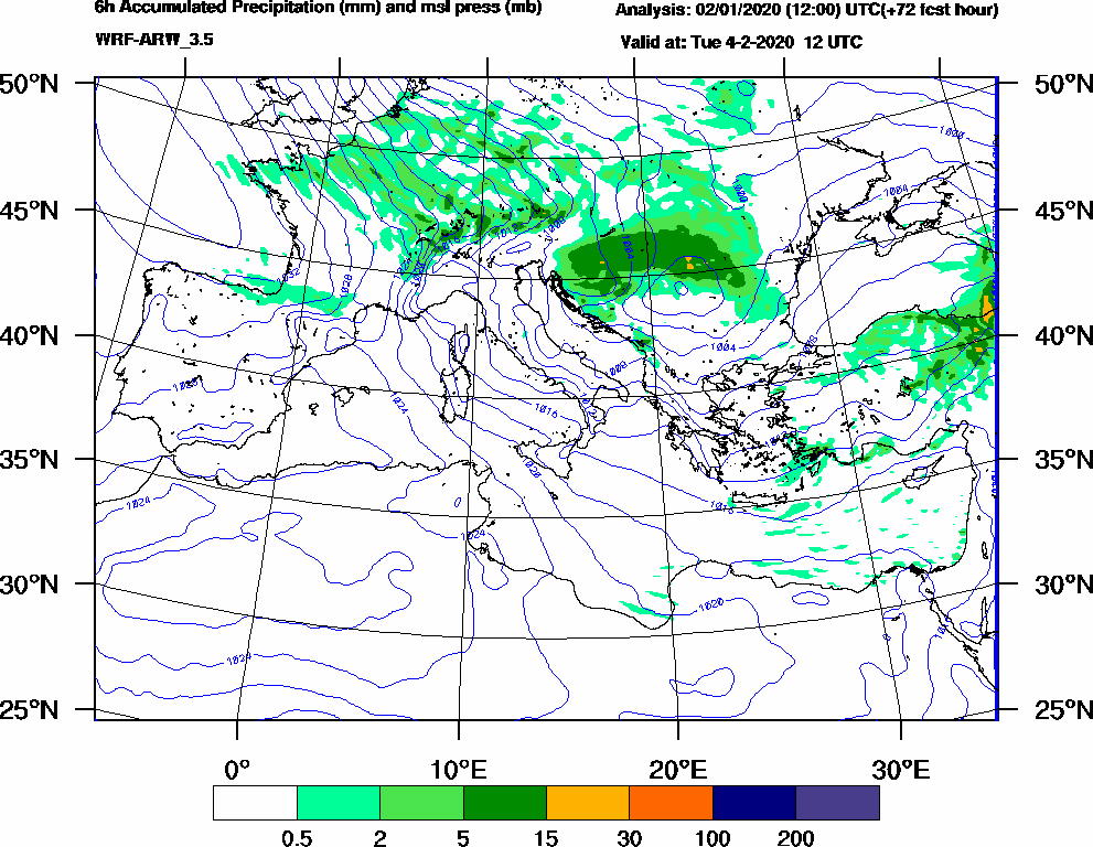 6h Accumulated Precipitation (mm) and msl press (mb) - 2020-02-04 06:00