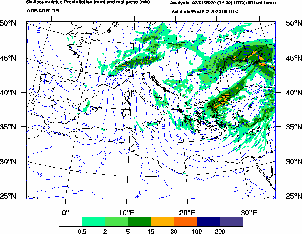6h Accumulated Precipitation (mm) and msl press (mb) - 2020-02-05 00:00