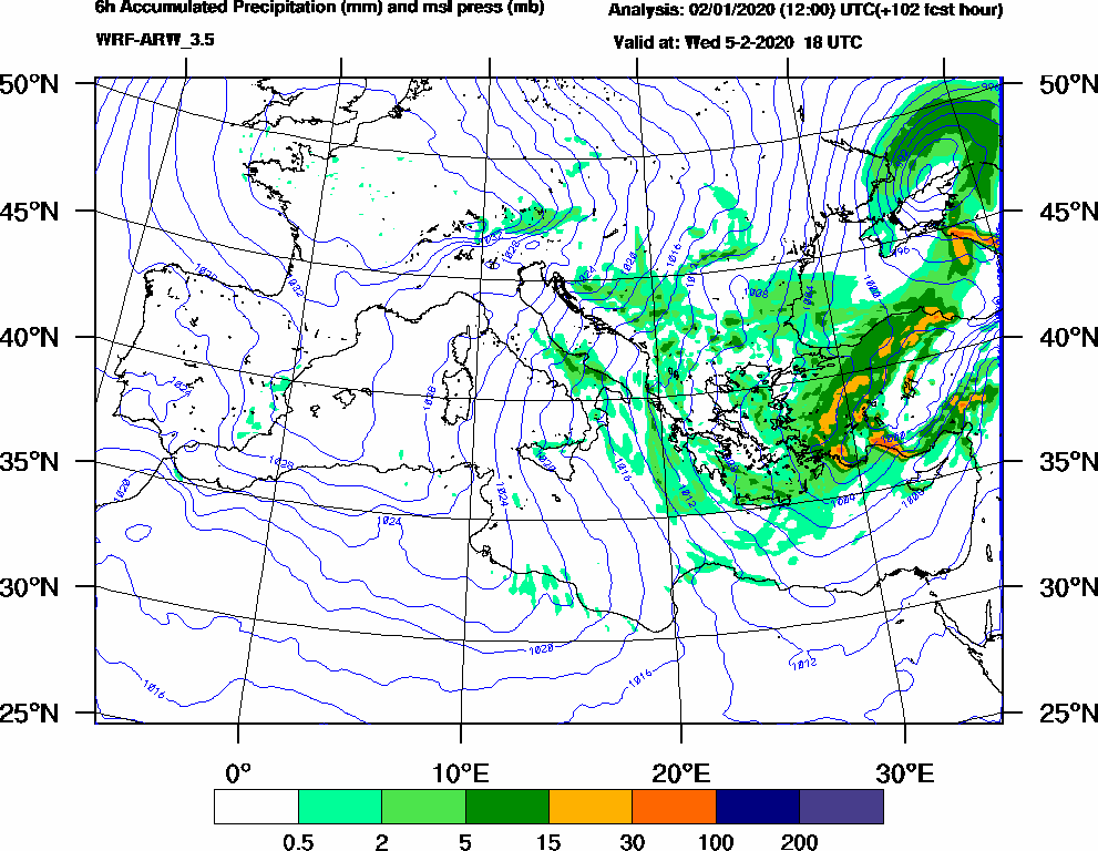 6h Accumulated Precipitation (mm) and msl press (mb) - 2020-02-05 12:00