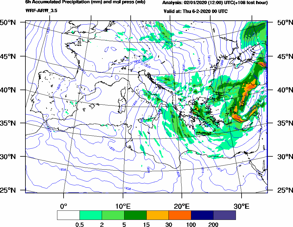 6h Accumulated Precipitation (mm) and msl press (mb) - 2020-02-05 18:00