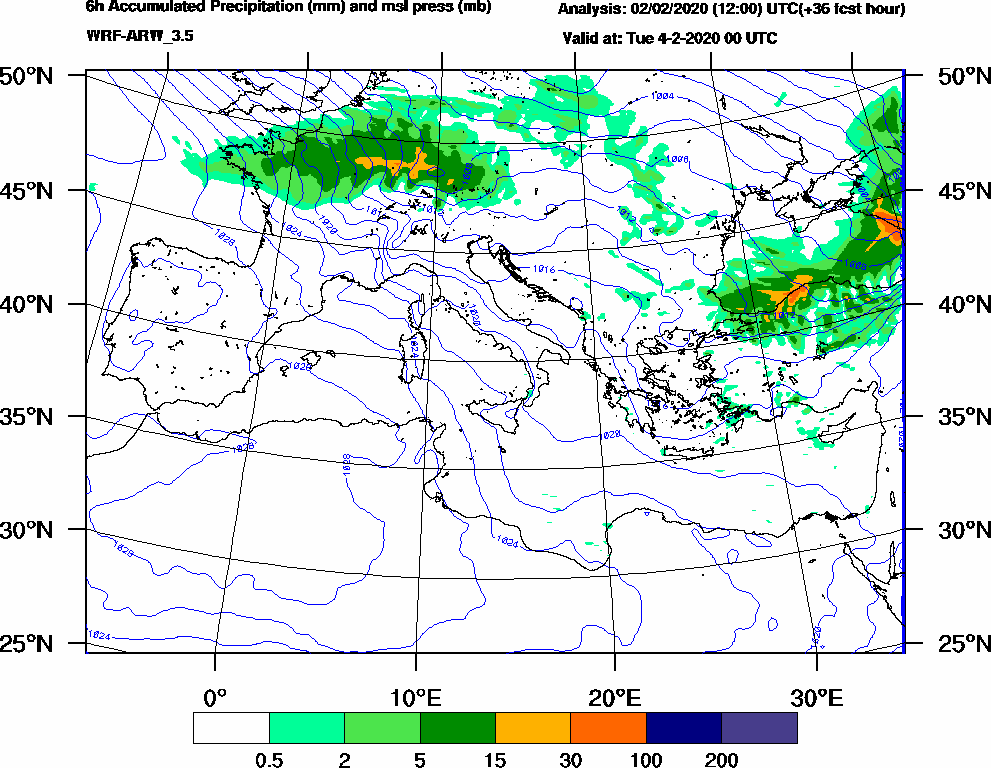 6h Accumulated Precipitation (mm) and msl press (mb) - 2020-02-03 18:00