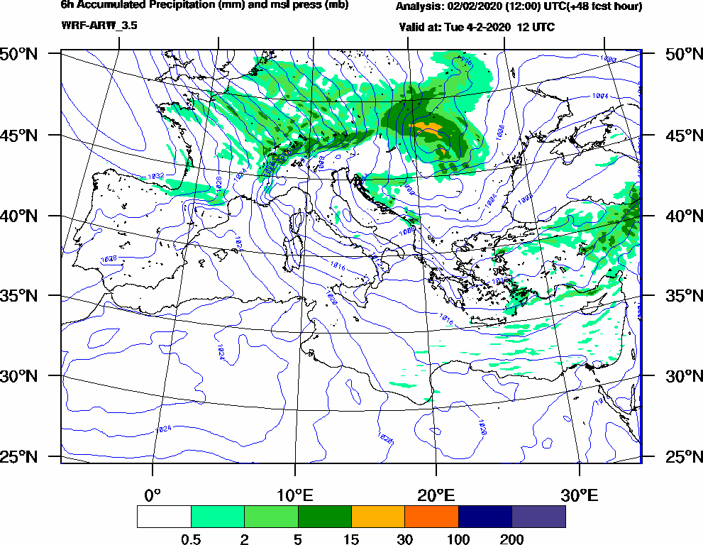 6h Accumulated Precipitation (mm) and msl press (mb) - 2020-02-04 06:00