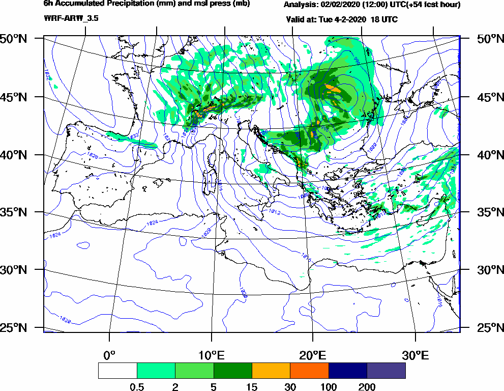 6h Accumulated Precipitation (mm) and msl press (mb) - 2020-02-04 12:00