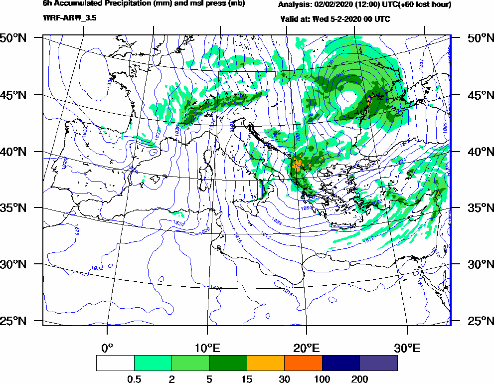 6h Accumulated Precipitation (mm) and msl press (mb) - 2020-02-04 18:00