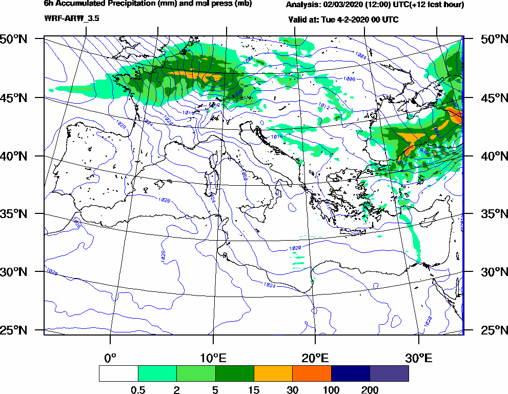 6h Accumulated Precipitation (mm) and msl press (mb) - 2020-02-03 18:00