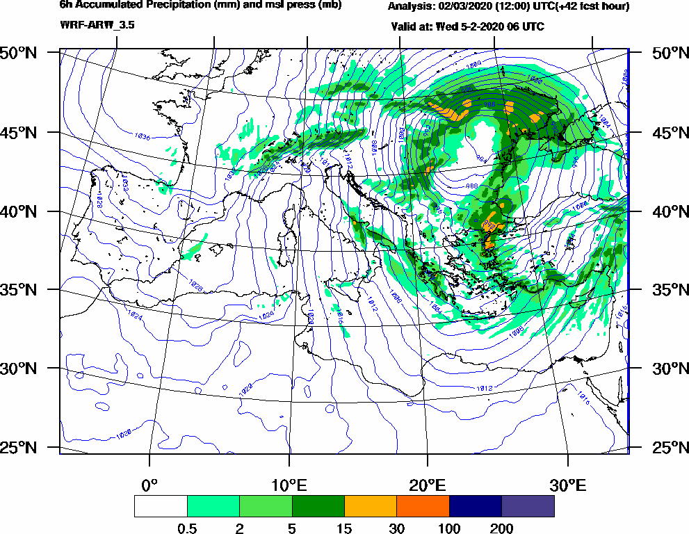 6h Accumulated Precipitation (mm) and msl press (mb) - 2020-02-05 00:00