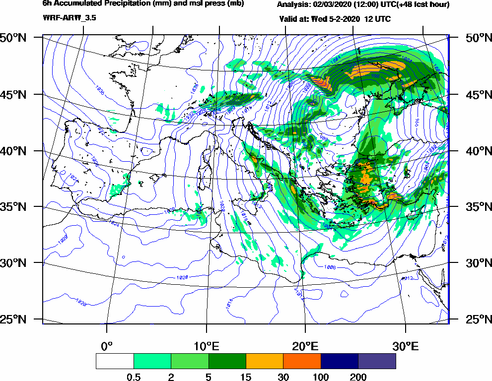 6h Accumulated Precipitation (mm) and msl press (mb) - 2020-02-05 06:00