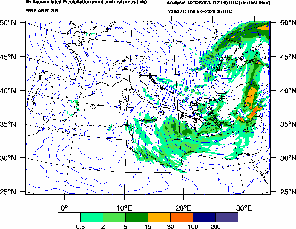 6h Accumulated Precipitation (mm) and msl press (mb) - 2020-02-06 00:00
