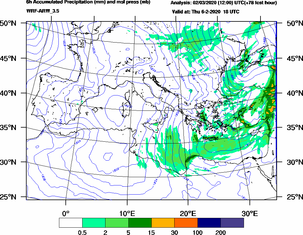 6h Accumulated Precipitation (mm) and msl press (mb) - 2020-02-06 12:00