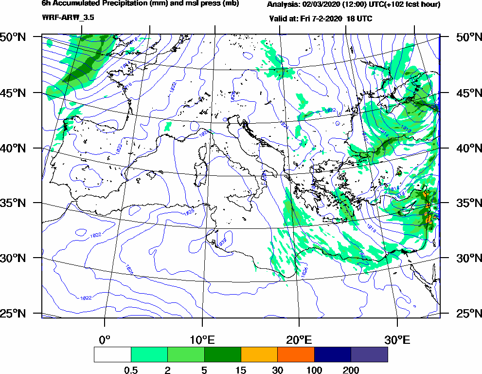 6h Accumulated Precipitation (mm) and msl press (mb) - 2020-02-07 12:00