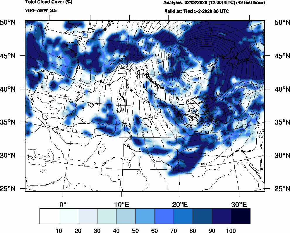 Total cloud cover (%) - 2020-02-05 00:00