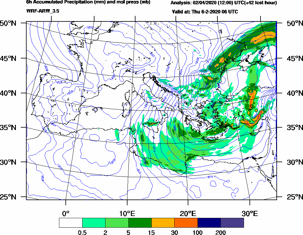 6h Accumulated Precipitation (mm) and msl press (mb) - 2020-02-06 00:00