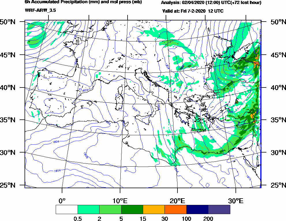 6h Accumulated Precipitation (mm) and msl press (mb) - 2020-02-07 06:00