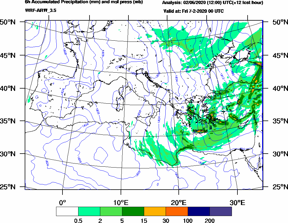 6h Accumulated Precipitation (mm) and msl press (mb) - 2020-02-06 18:00