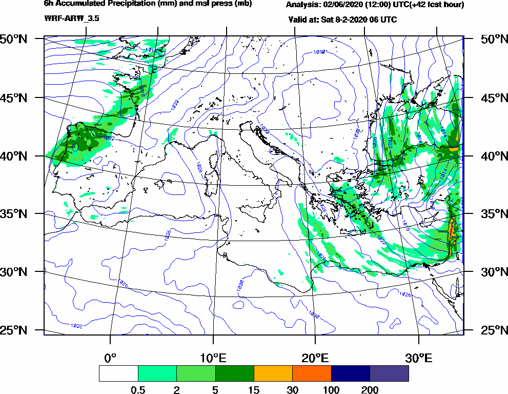 6h Accumulated Precipitation (mm) and msl press (mb) - 2020-02-08 00:00