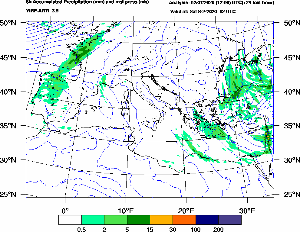 6h Accumulated Precipitation (mm) and msl press (mb) - 2020-02-08 06:00