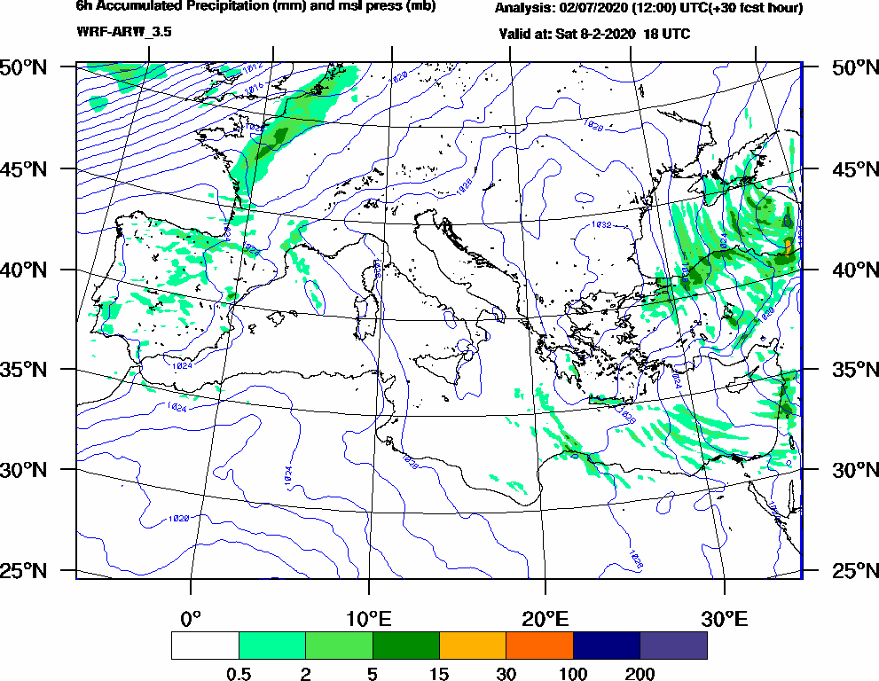 6h Accumulated Precipitation (mm) and msl press (mb) - 2020-02-08 12:00