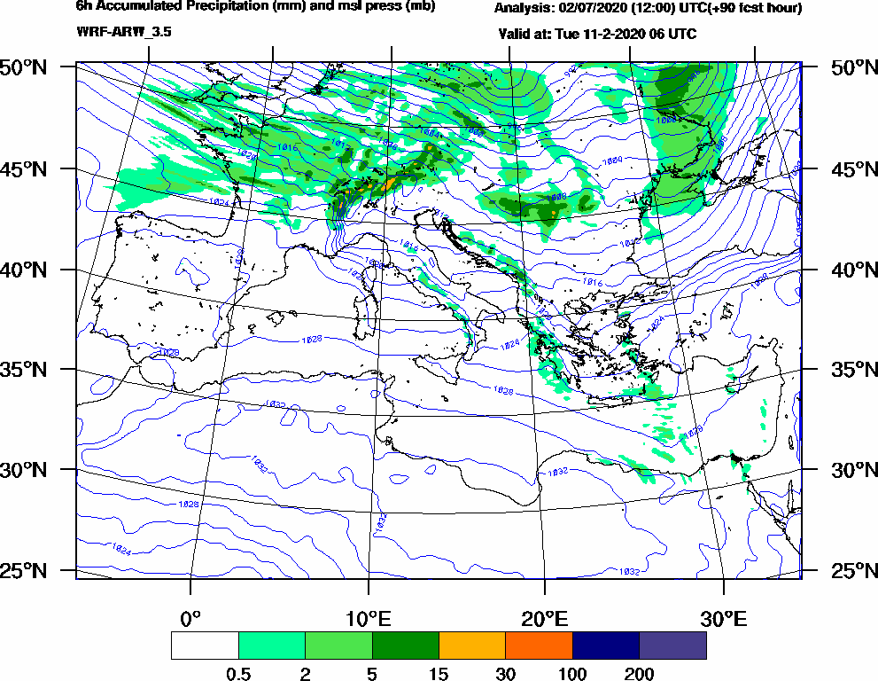 6h Accumulated Precipitation (mm) and msl press (mb) - 2020-02-11 00:00