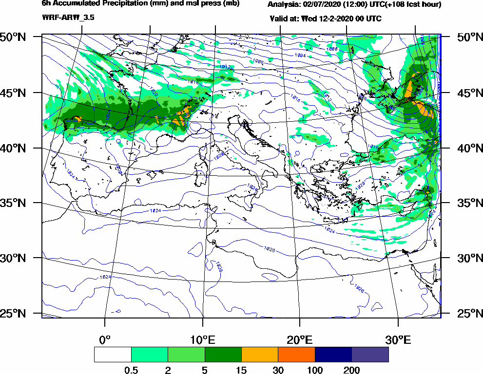 6h Accumulated Precipitation (mm) and msl press (mb) - 2020-02-11 18:00