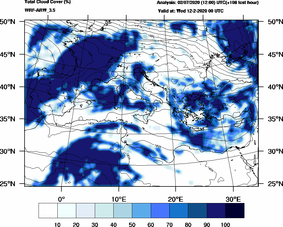 Total cloud cover (%) - 2020-02-11 18:00