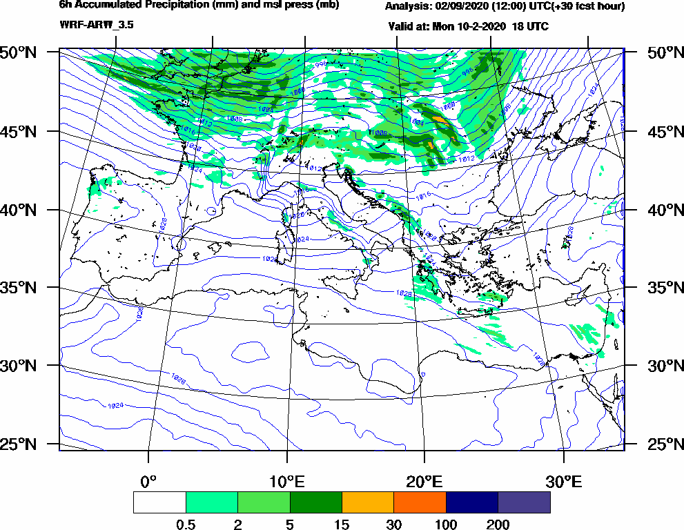 6h Accumulated Precipitation (mm) and msl press (mb) - 2020-02-10 12:00