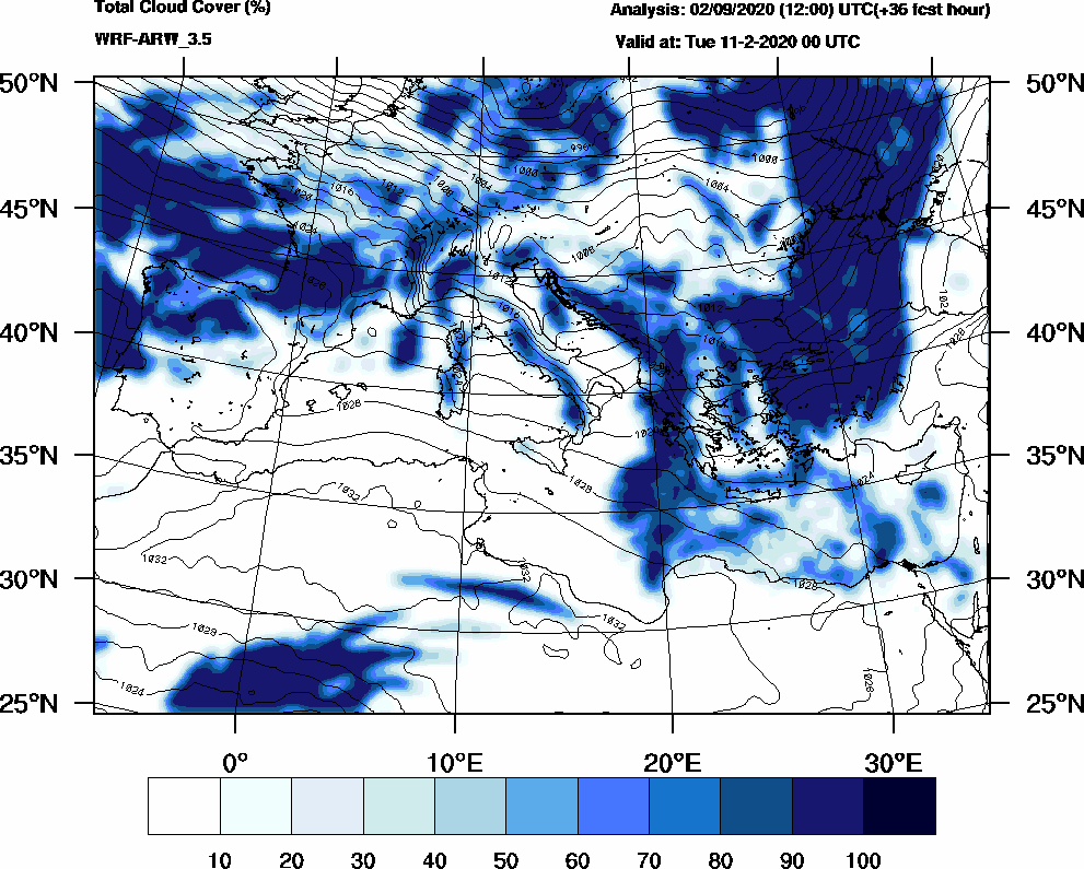 Total cloud cover (%) - 2020-02-10 18:00