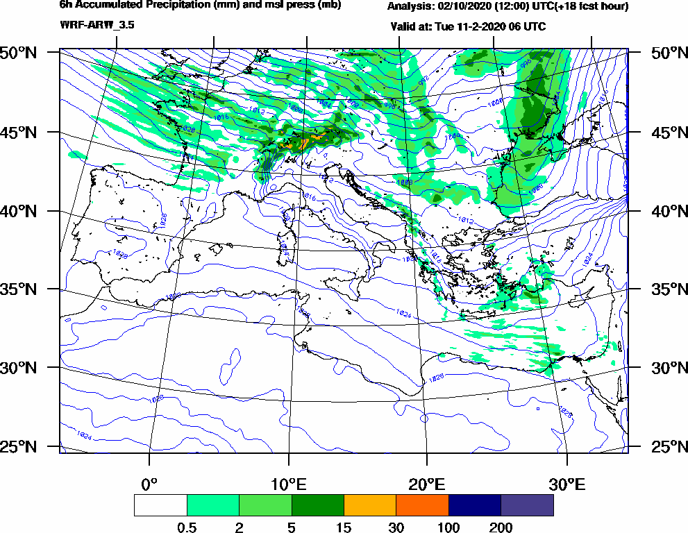6h Accumulated Precipitation (mm) and msl press (mb) - 2020-02-11 00:00