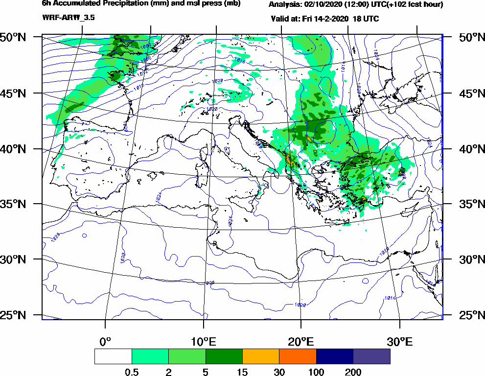 6h Accumulated Precipitation (mm) and msl press (mb) - 2020-02-14 12:00