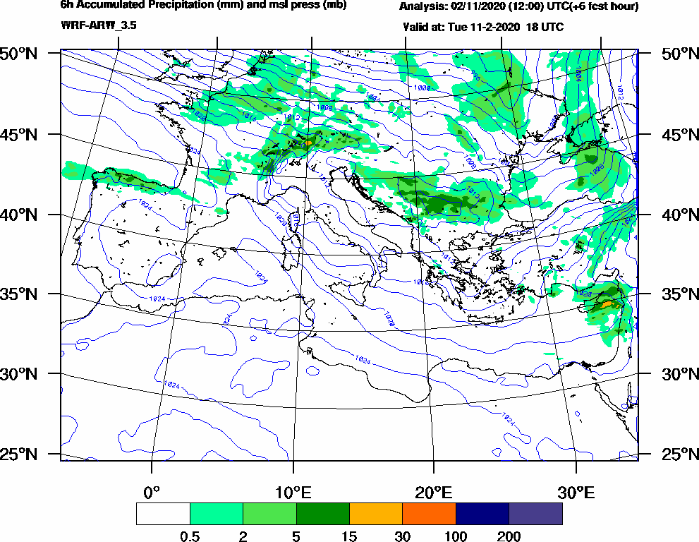 6h Accumulated Precipitation (mm) and msl press (mb) - 2020-02-11 12:00