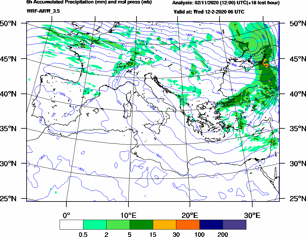 6h Accumulated Precipitation (mm) and msl press (mb) - 2020-02-12 00:00