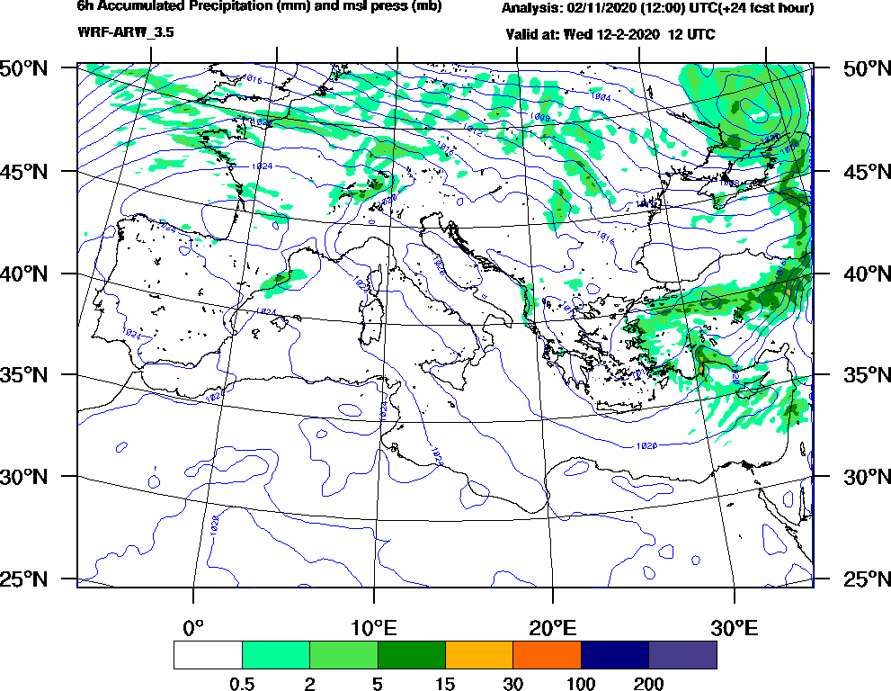 6h Accumulated Precipitation (mm) and msl press (mb) - 2020-02-12 06:00