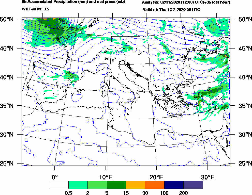 6h Accumulated Precipitation (mm) and msl press (mb) - 2020-02-12 18:00