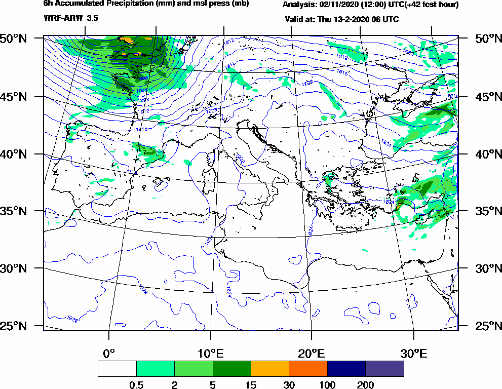 6h Accumulated Precipitation (mm) and msl press (mb) - 2020-02-13 00:00