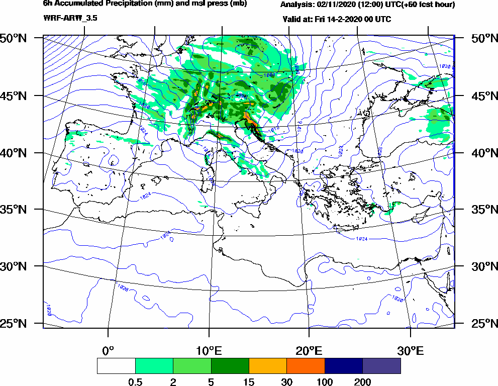 6h Accumulated Precipitation (mm) and msl press (mb) - 2020-02-13 18:00