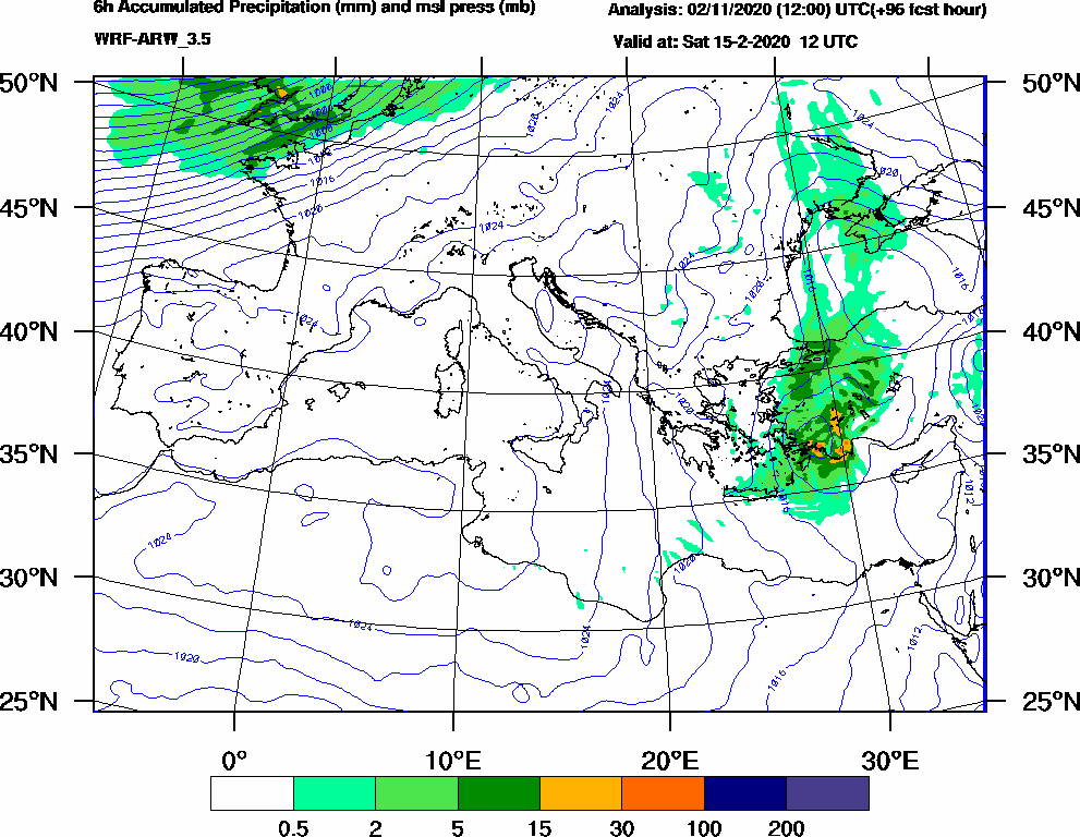 6h Accumulated Precipitation (mm) and msl press (mb) - 2020-02-15 06:00