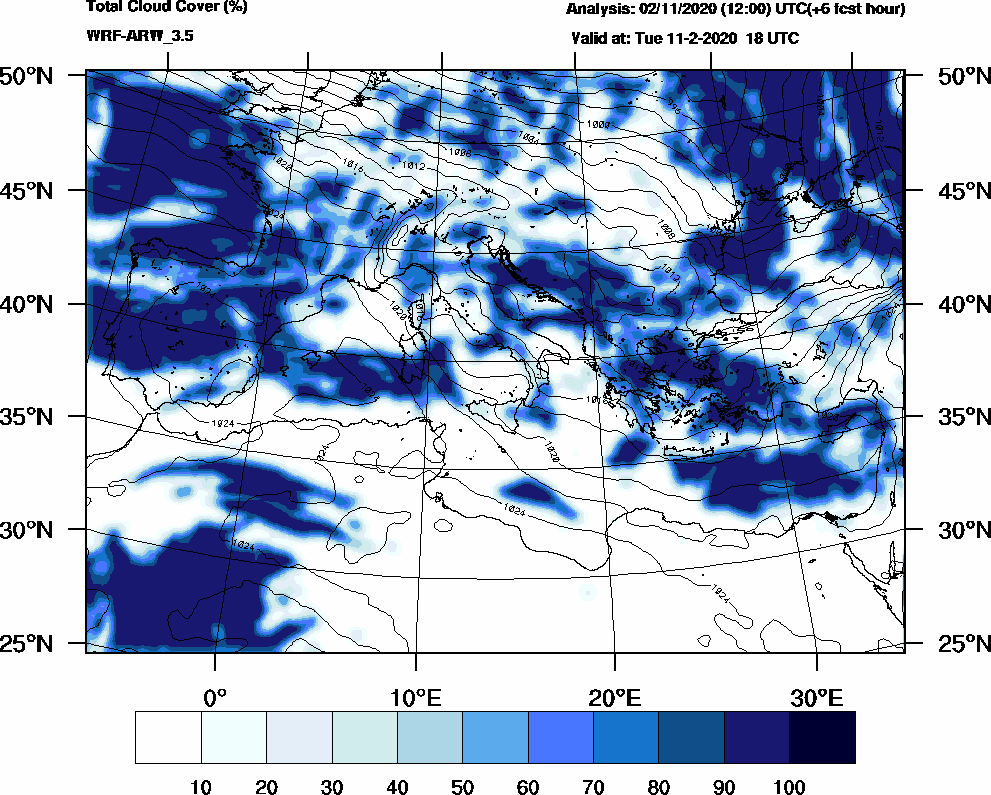 Total cloud cover (%) - 2020-02-11 12:00