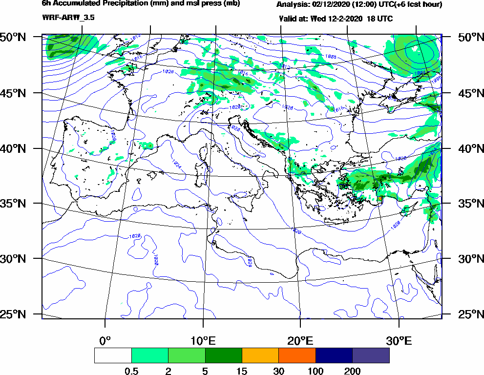 6h Accumulated Precipitation (mm) and msl press (mb) - 2020-02-12 12:00