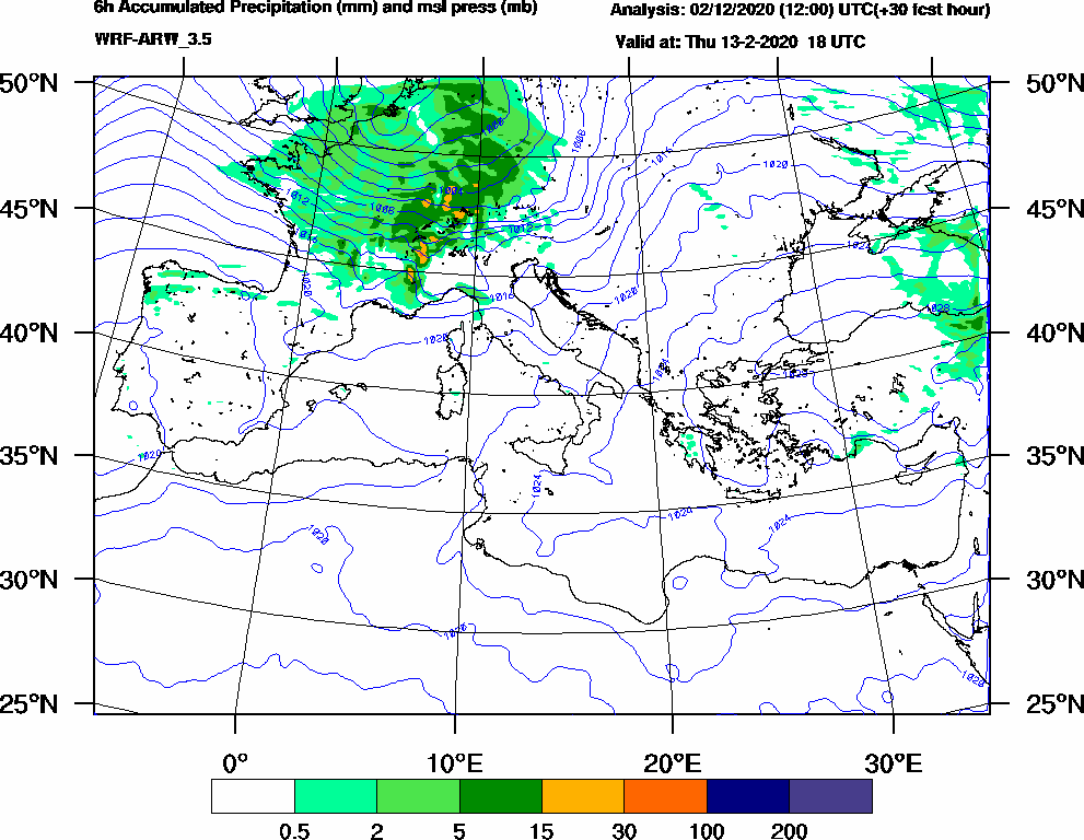 6h Accumulated Precipitation (mm) and msl press (mb) - 2020-02-13 12:00