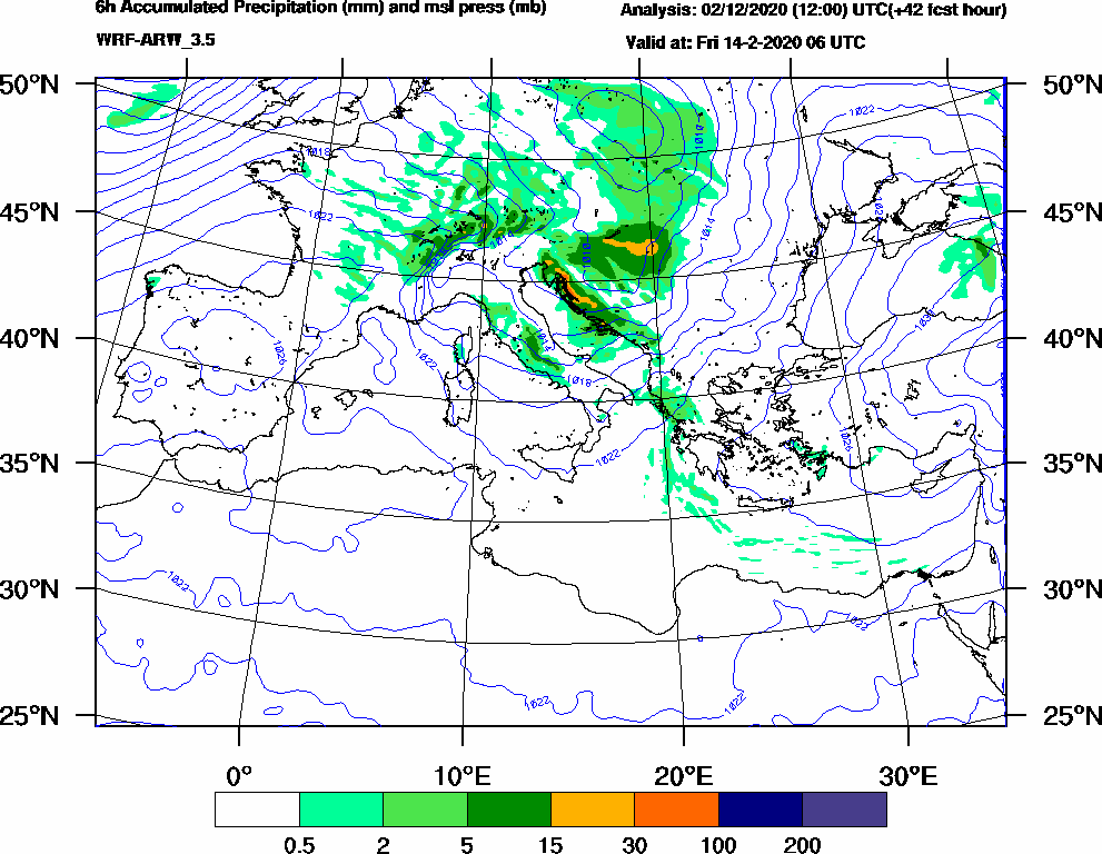 6h Accumulated Precipitation (mm) and msl press (mb) - 2020-02-14 00:00