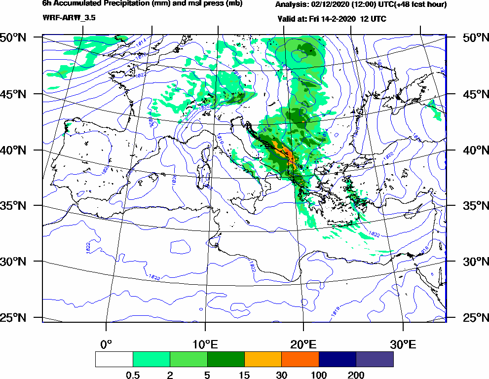 6h Accumulated Precipitation (mm) and msl press (mb) - 2020-02-14 06:00