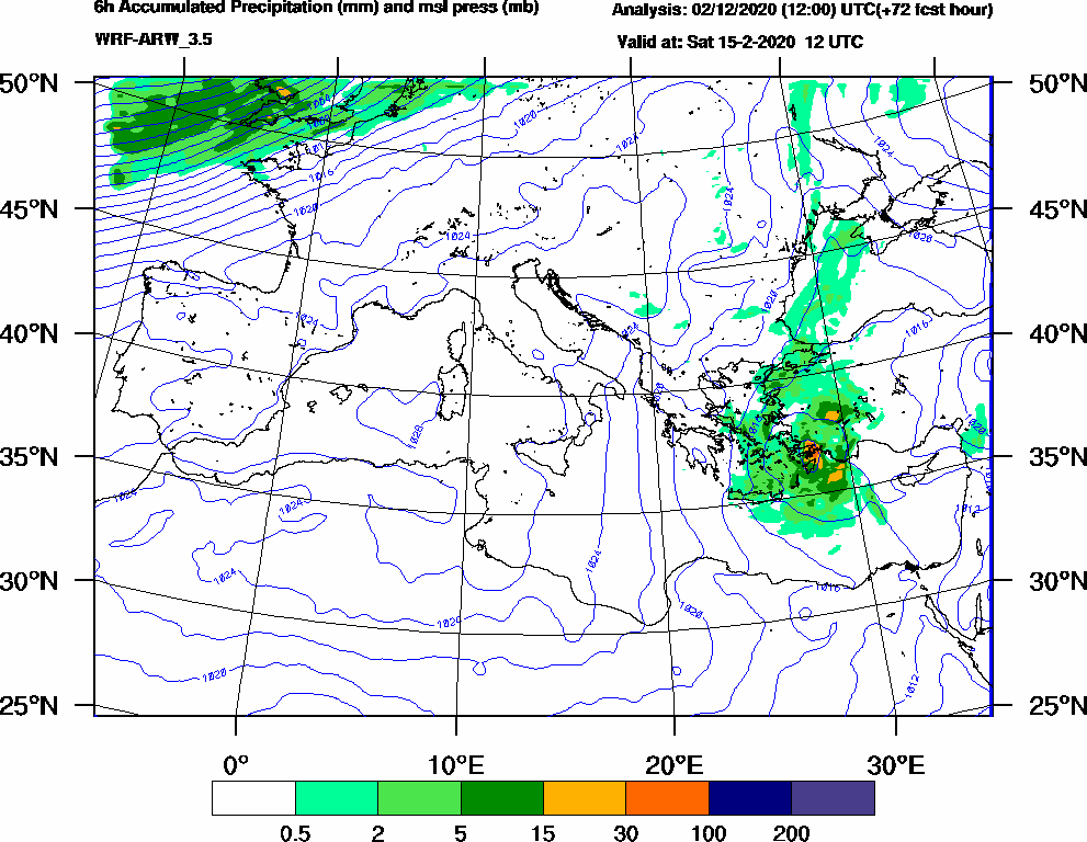 6h Accumulated Precipitation (mm) and msl press (mb) - 2020-02-15 06:00