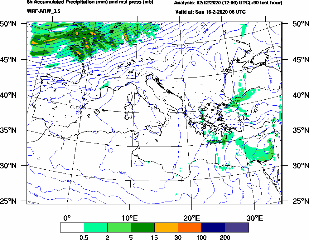 6h Accumulated Precipitation (mm) and msl press (mb) - 2020-02-16 00:00