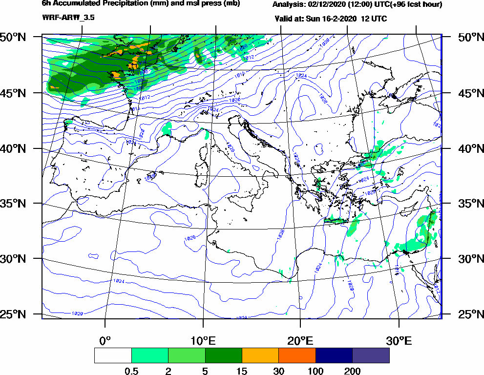 6h Accumulated Precipitation (mm) and msl press (mb) - 2020-02-16 06:00
